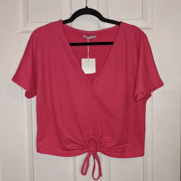 Zara Pink Textured V Neck Cut Out Keyhole Drawstring Front Blouse Crop Top M - Picture 1 of 13